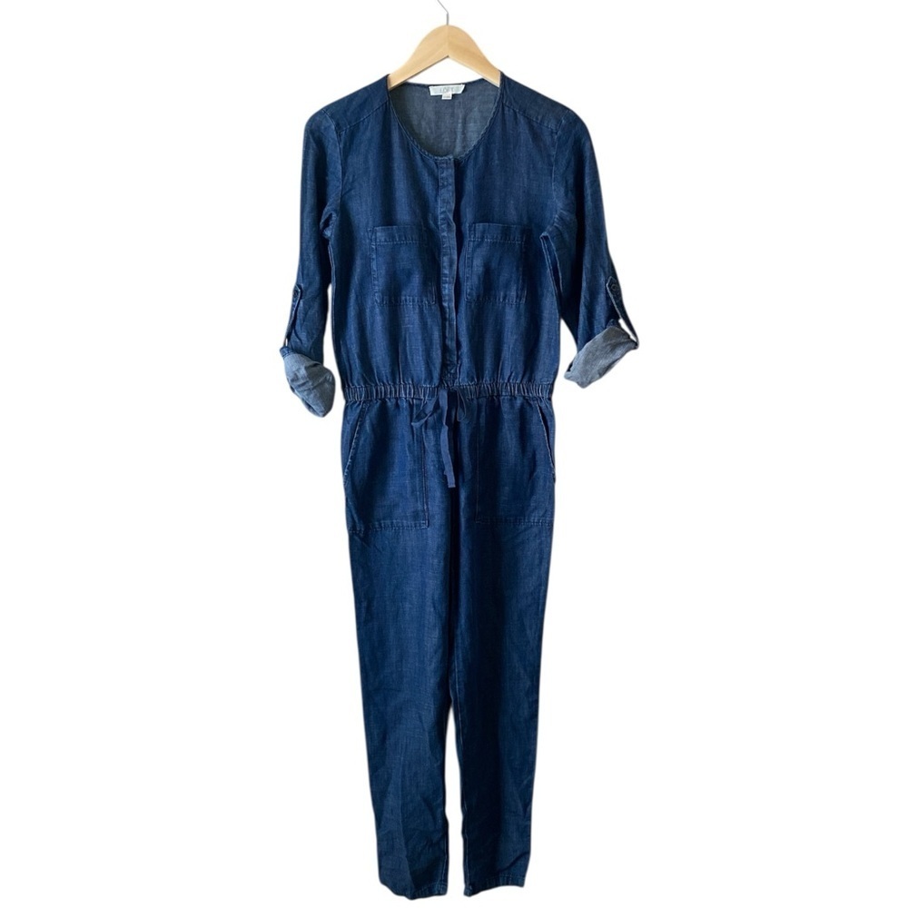 Ann Taylor Loft Women’s Roll-Tab Sleeves Dark Wash Chambray Jumpsuit Size XXS
